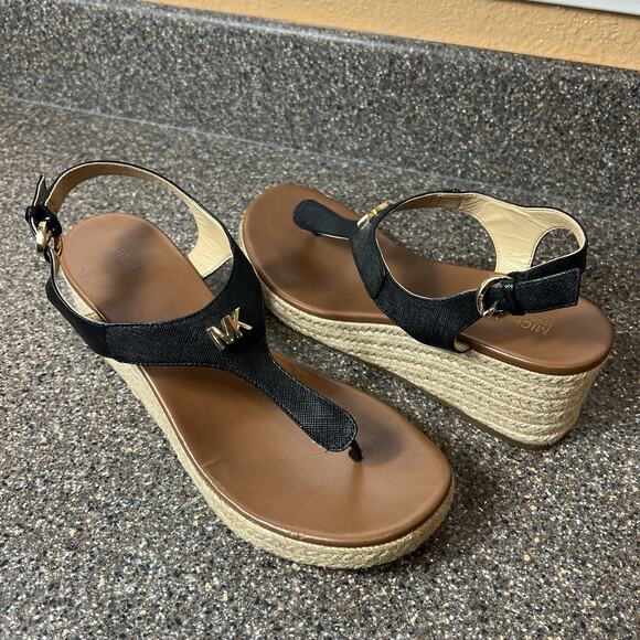 Michael Kors Espadrille Wedge Black Leather Thong Sandals Women's 8 M Sling Back - Picture 1 of 11